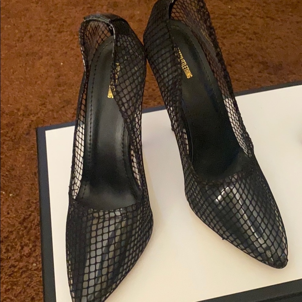 Black fishnet heels